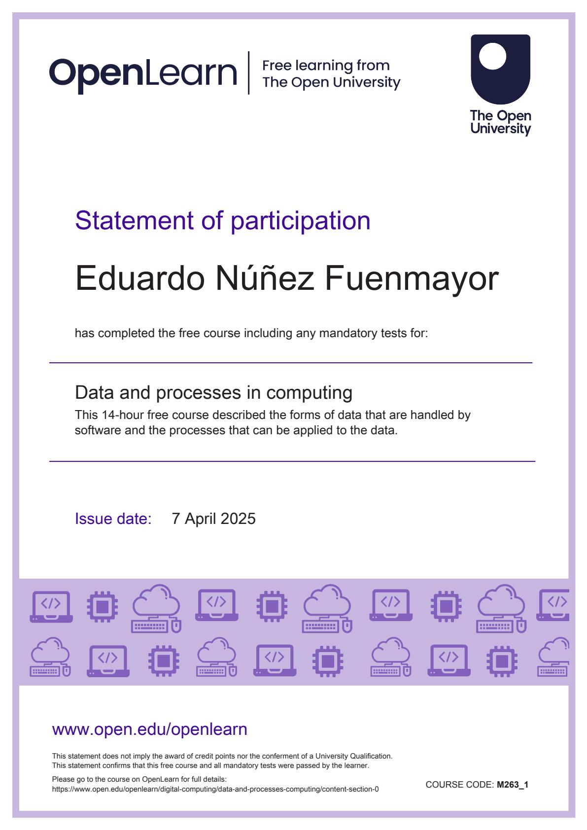 Data and Processes in Computing Certificate